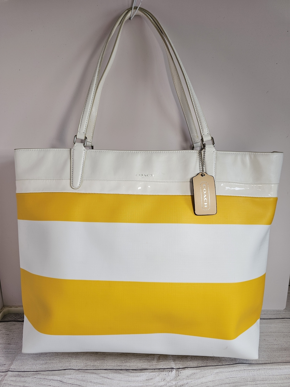 Coach Striped Coated Canvas Tote Bag In Sunglow Yellow & White Stripes
